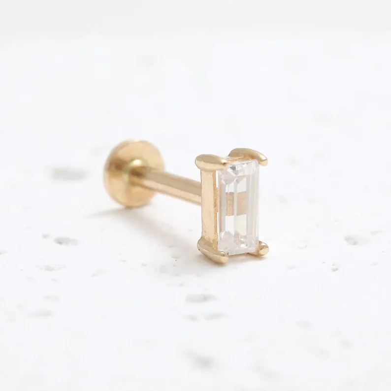 14K Gold Cartilage Helix Tragus Conch Baguette Cut Genuine Diamond Internally Threaded Flat Back Earring Labret