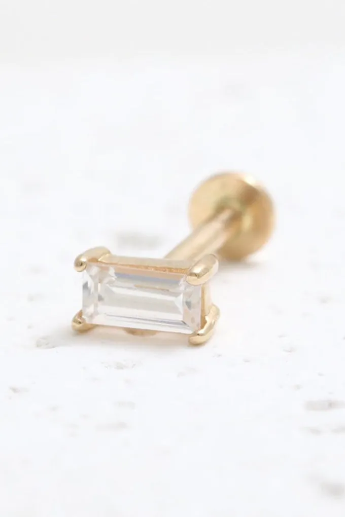 14K Gold Cartilage Helix Tragus Conch Baguette Cut Genuine Diamond Internally Threaded Flat Back Earring Labret