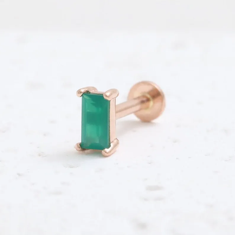 14K Gold Cartilage Helix Tragus Conch Baguette Cut Green Onyx Internally Threaded Flat Back Earring Labret