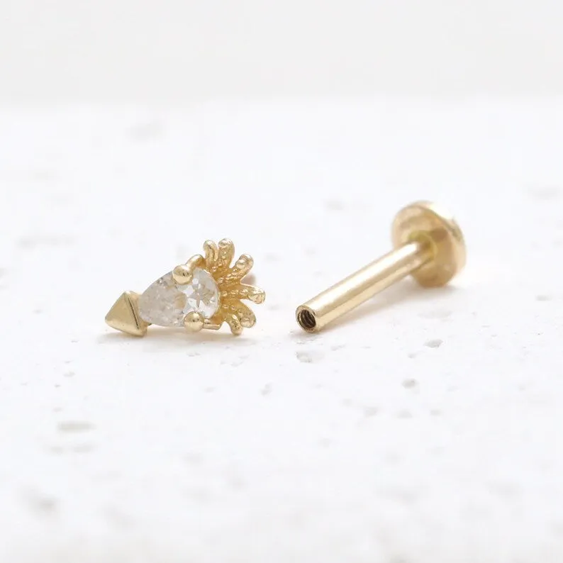 14K Gold Cartilage Helix Tragus Conch CZ Cubic Zirconia Tiny Squid Internally Threaded Flat Back Earring Labret