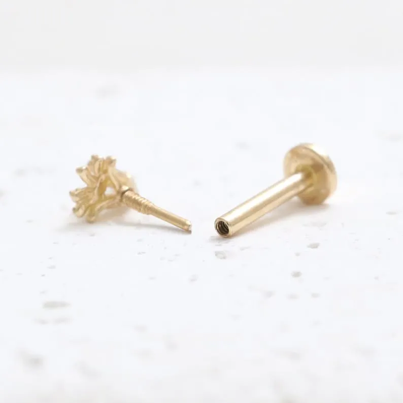 14K Gold Cartilage Helix Tragus Conch CZ Cubic Zirconia Tiny Squid Internally Threaded Flat Back Earring Labret