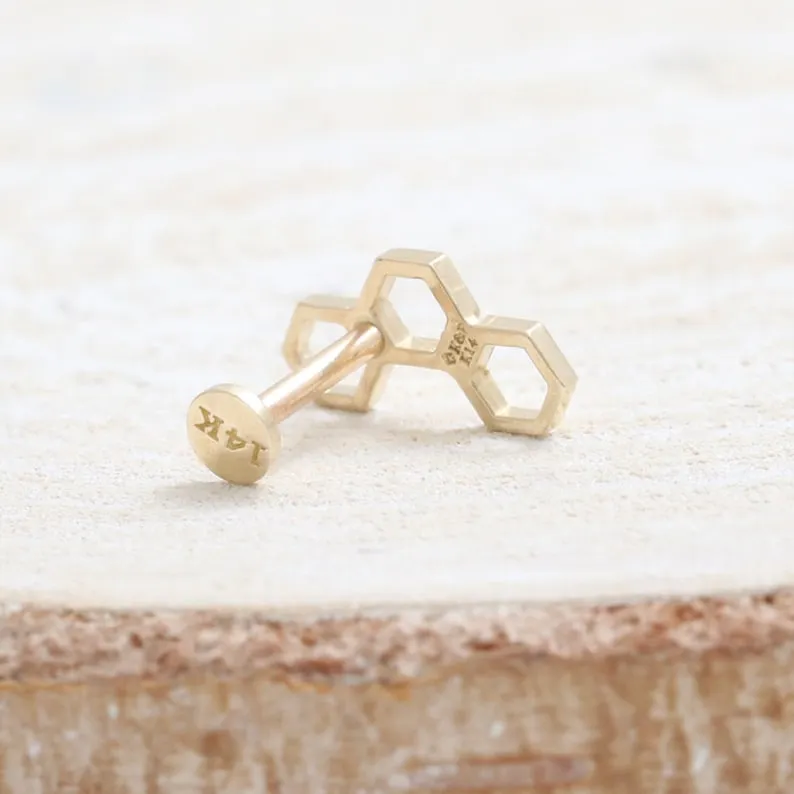 14K Solid Gold Honeycomb Cartilage Helix Tragus Conch Prong Setting Internally Threaded Flat Back Earring Labret