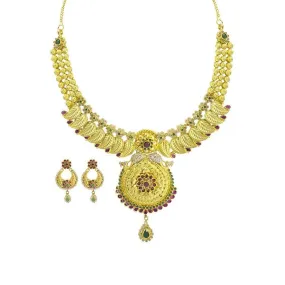 22K Yellow Gold Necklace & Earrings Set W/ CZ, Ruby, Emerald & Mango Leaves on Collar Necklace