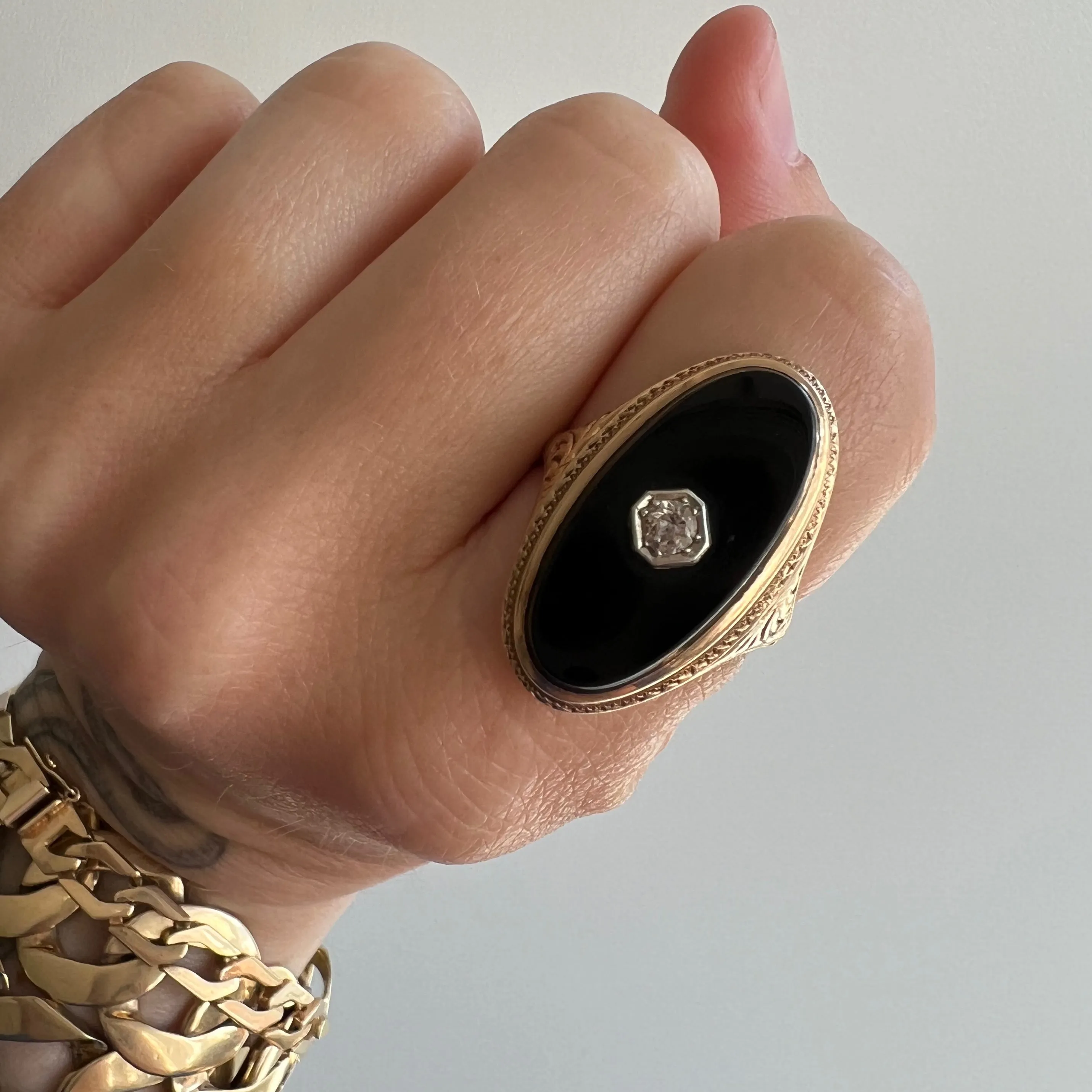 A N T I Q U E // onyx shield / 14k yellow gold with onyx and an old cut diamond / size 6.75-7