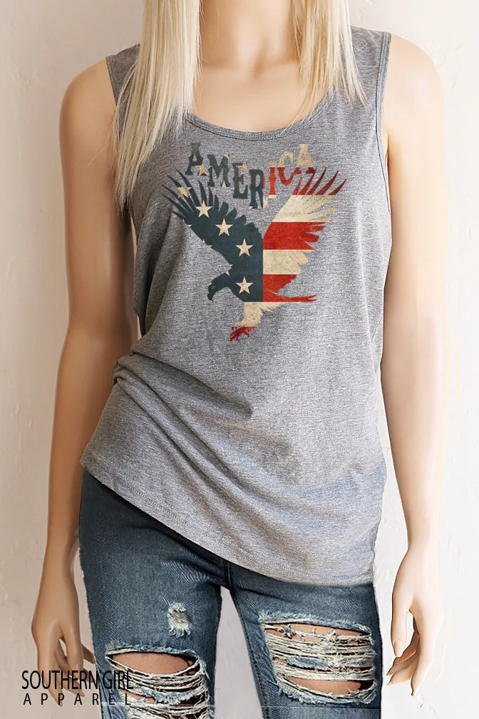 American Flag Eagle Scoop Neck, Full Back Tank Top