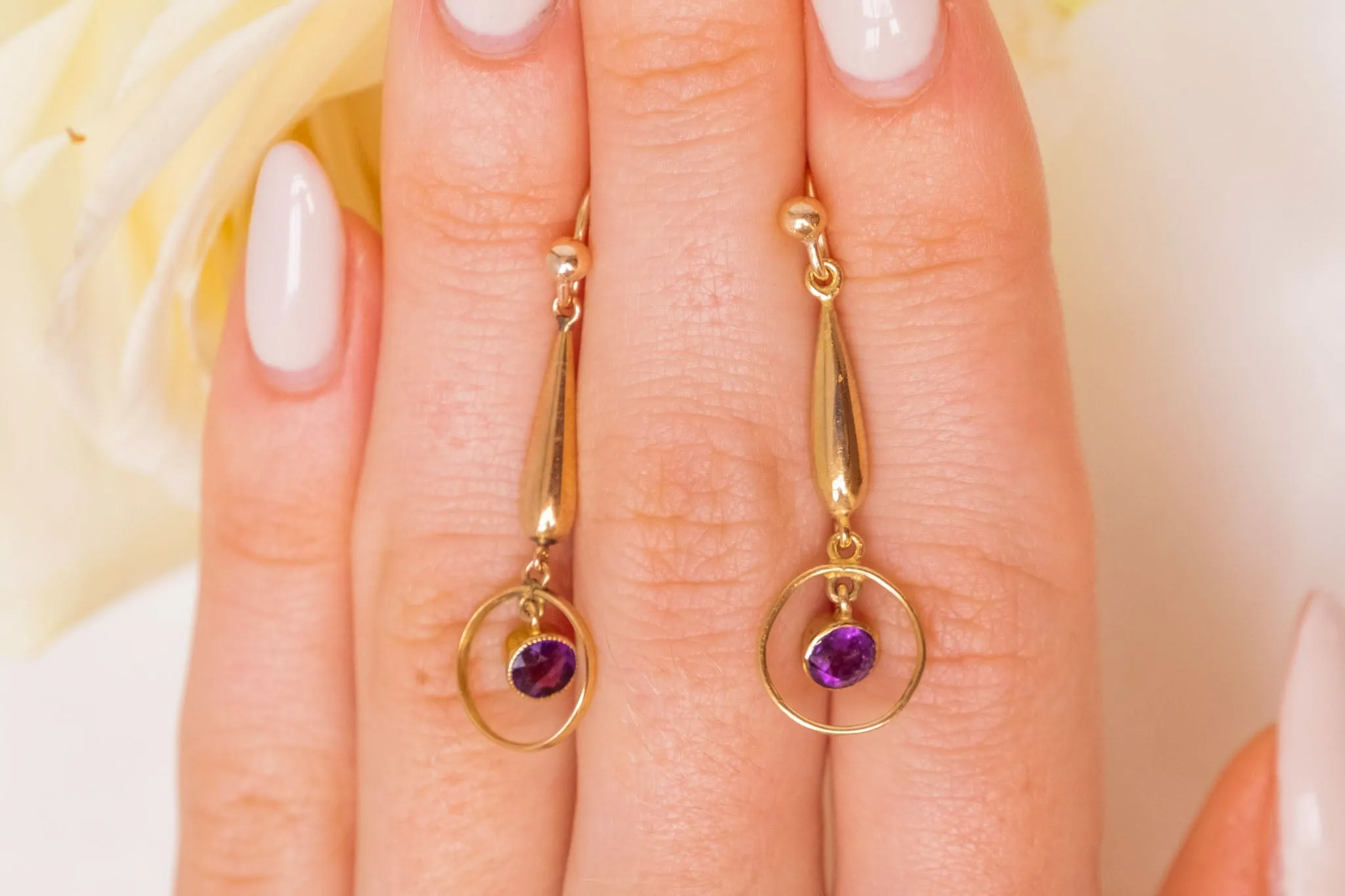 Antique 9ct Gold Amethyst Target Drop Earrings, 0.60ct