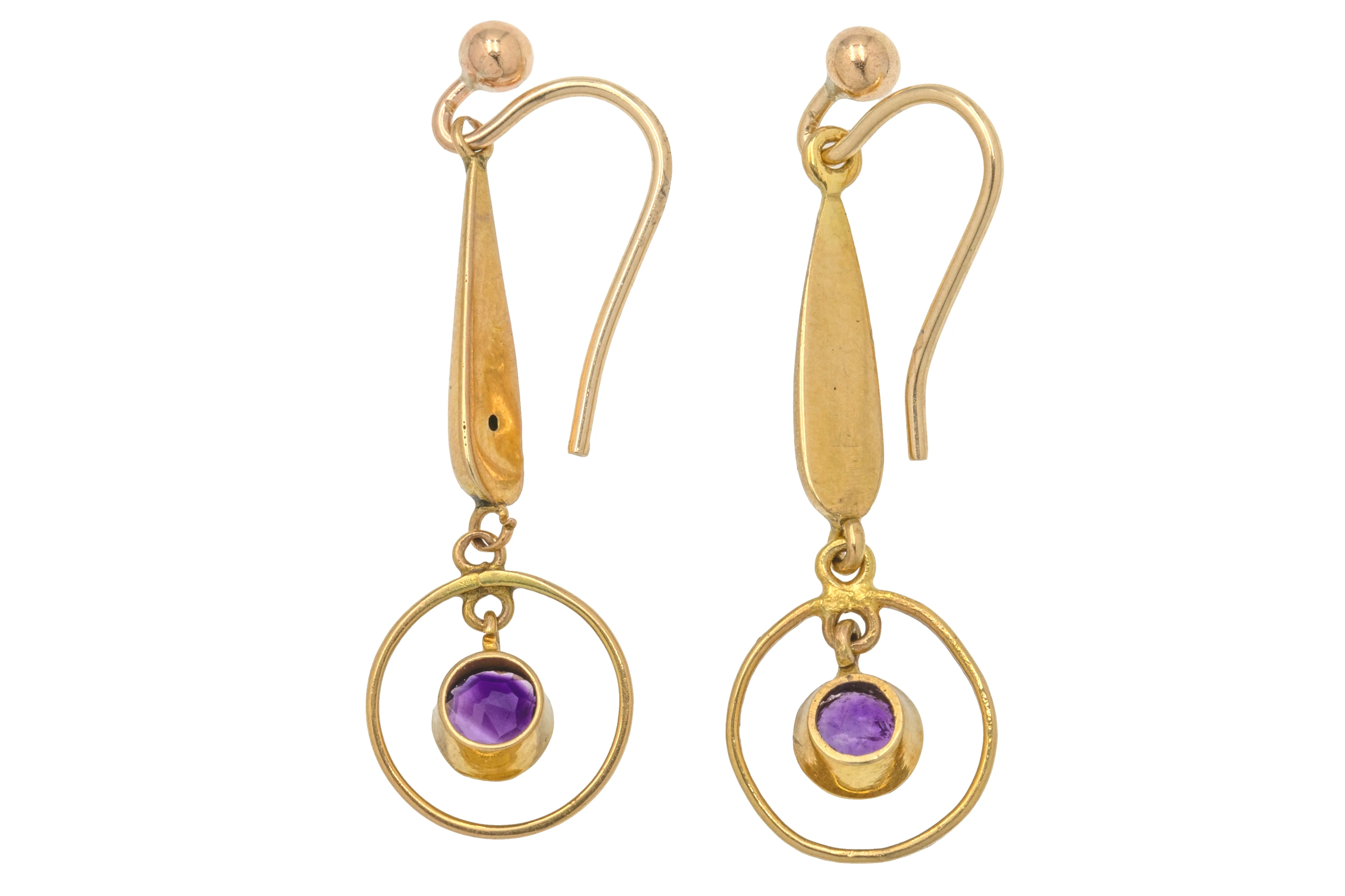 Antique 9ct Gold Amethyst Target Drop Earrings, 0.60ct