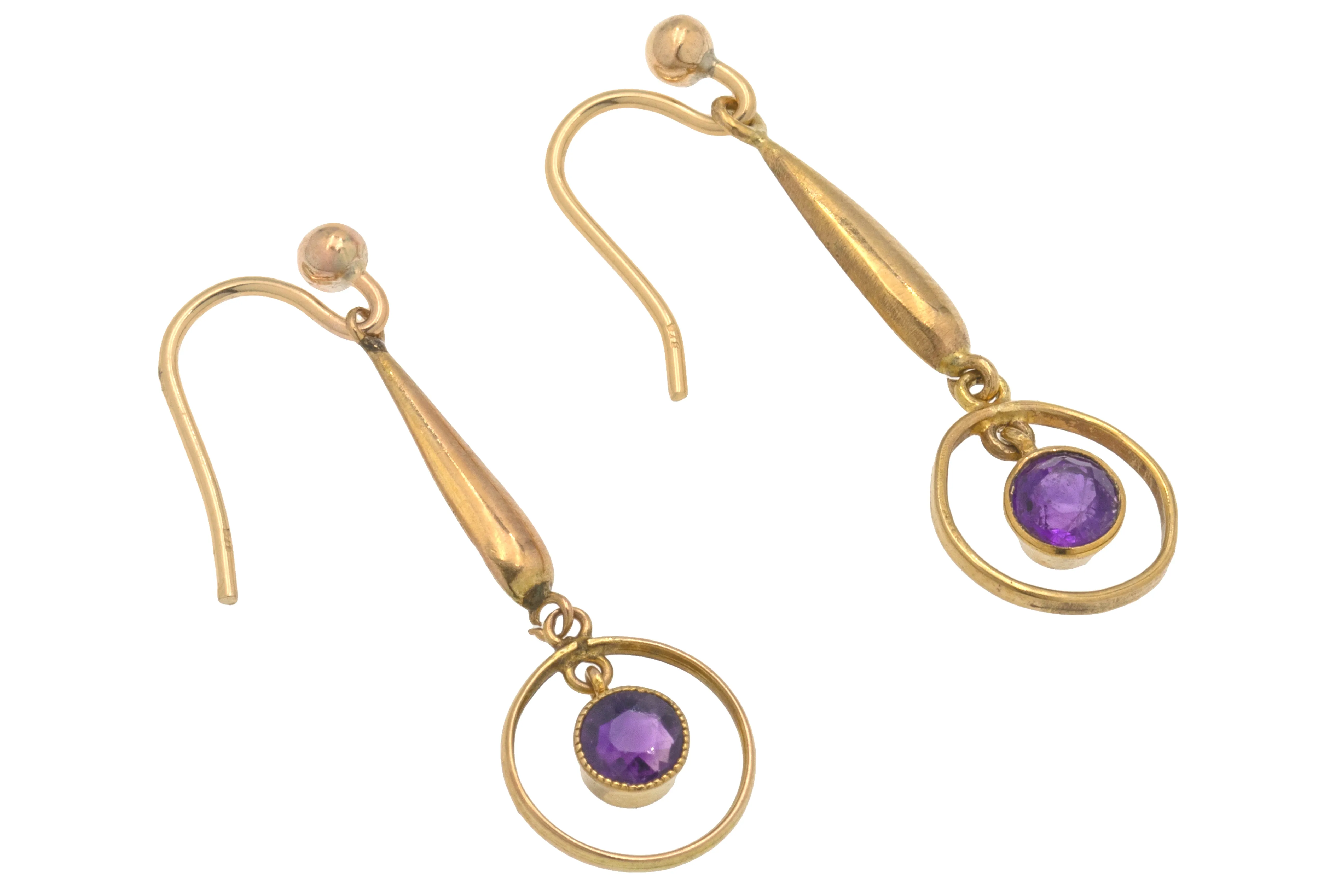 Antique 9ct Gold Amethyst Target Drop Earrings, 0.60ct