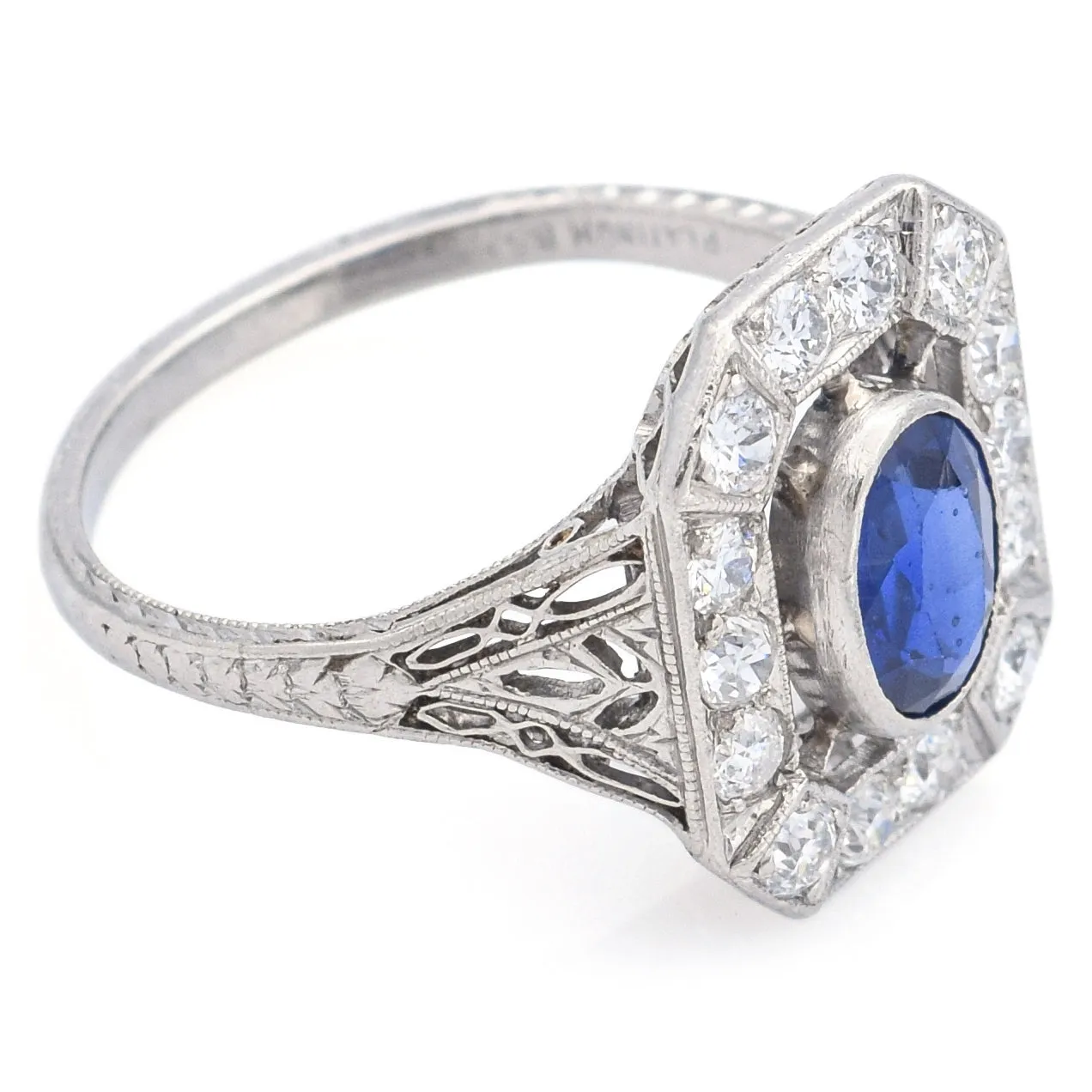 Antique Art Deco Platinum 0.56 TCW Old Euro Diamond & Sapphire Ring Size 4.5