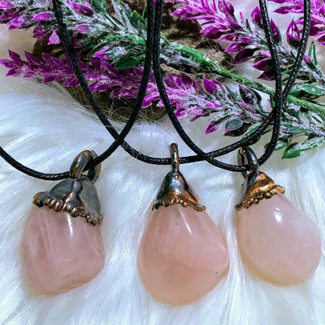 Divine Love~ One Rose Quartz Handmade Copper Necklace on Adjustable Cotton Cord