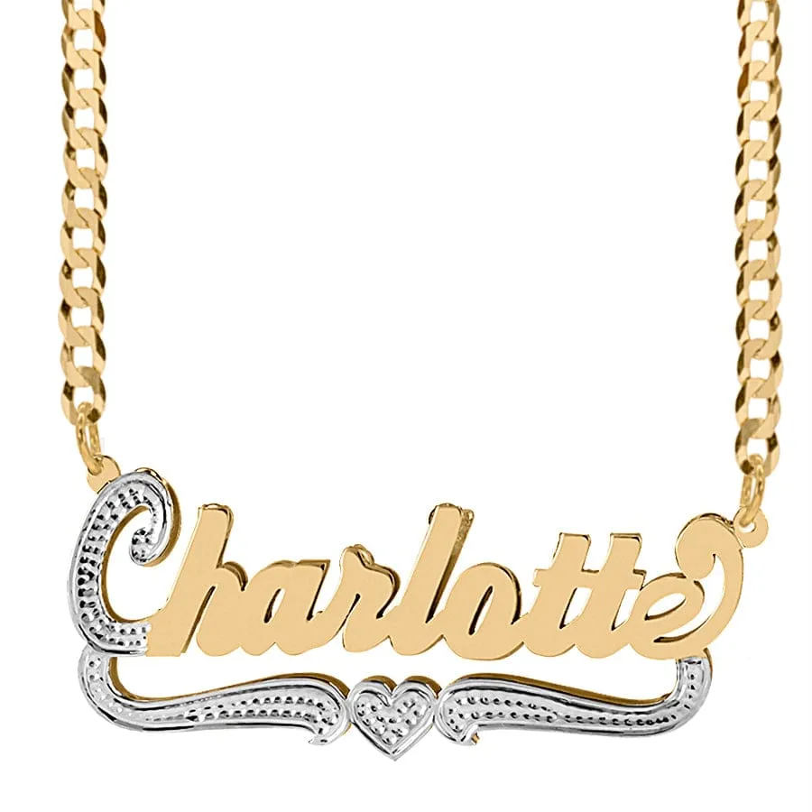 Double Script Name Plate With Beading with Cuban chain