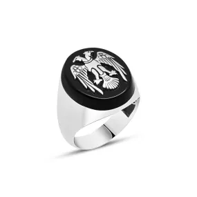 Eagle on Black Ellipse Onyx Stone Silver Men's Ring