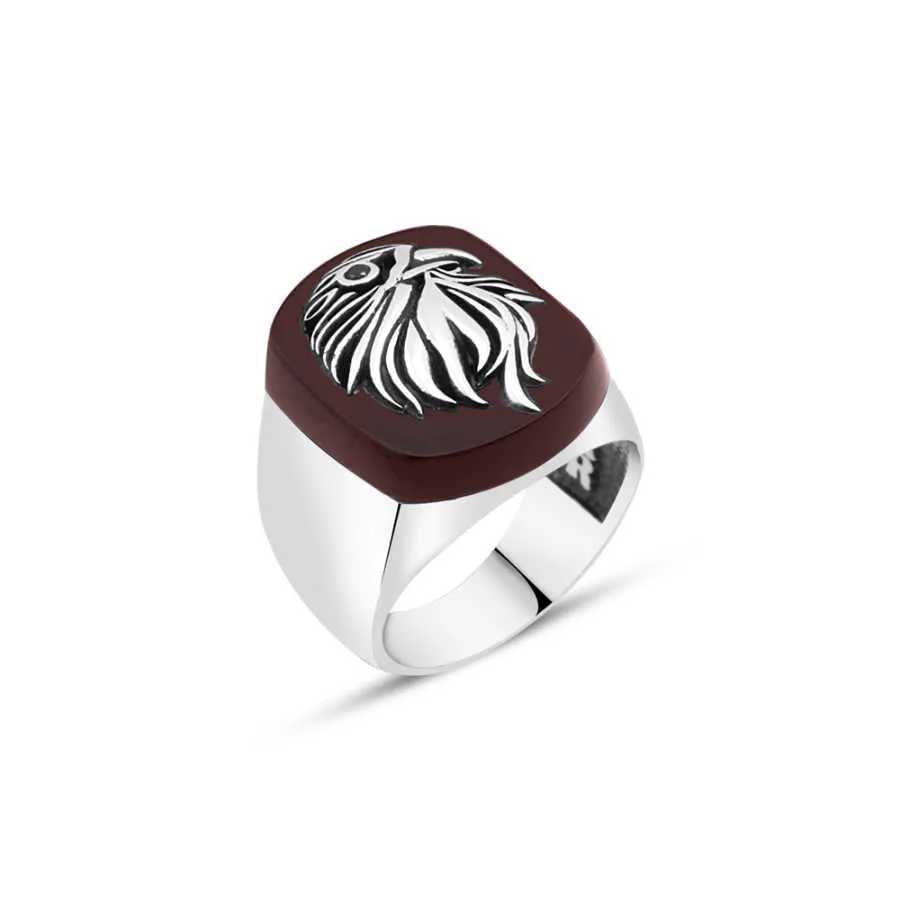 Eagle on Rectangle Red Agate Stone Silver Men's Ring