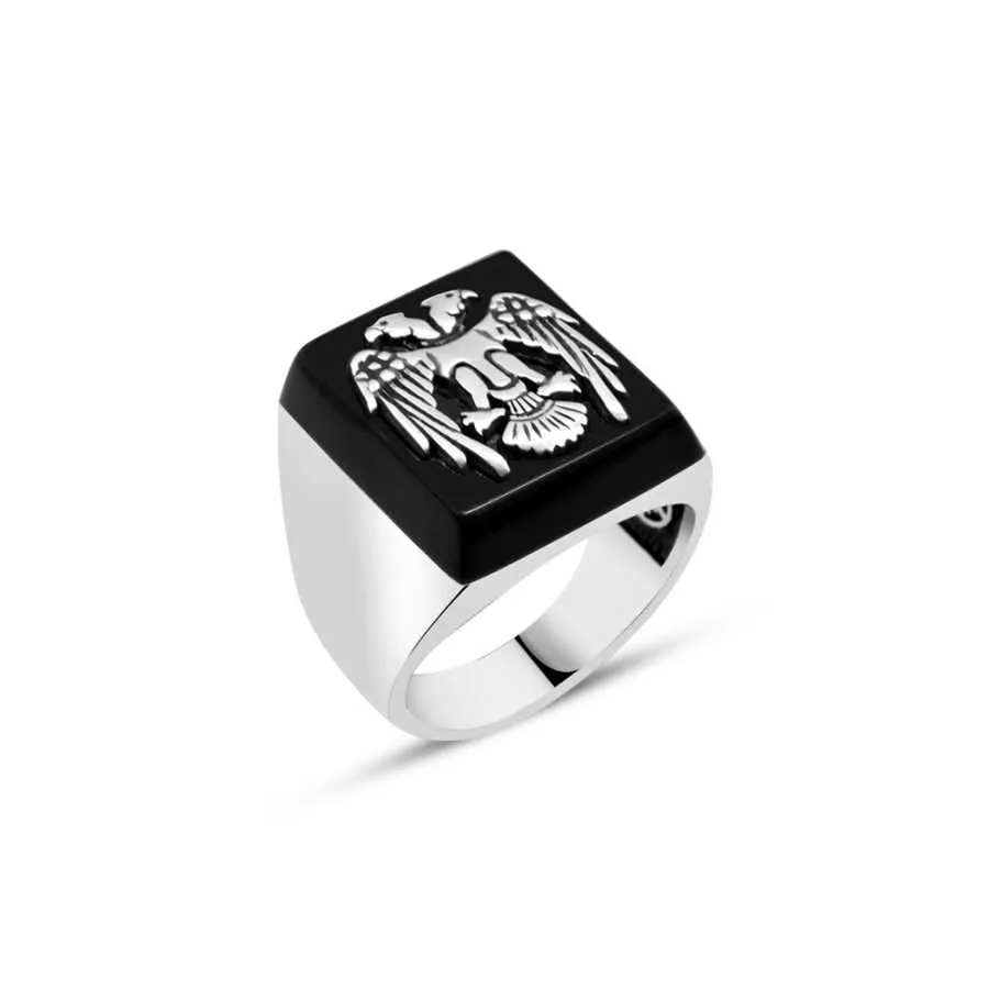 Eagle Symbol on Black Square Onyx Stone Silver Men's Ring