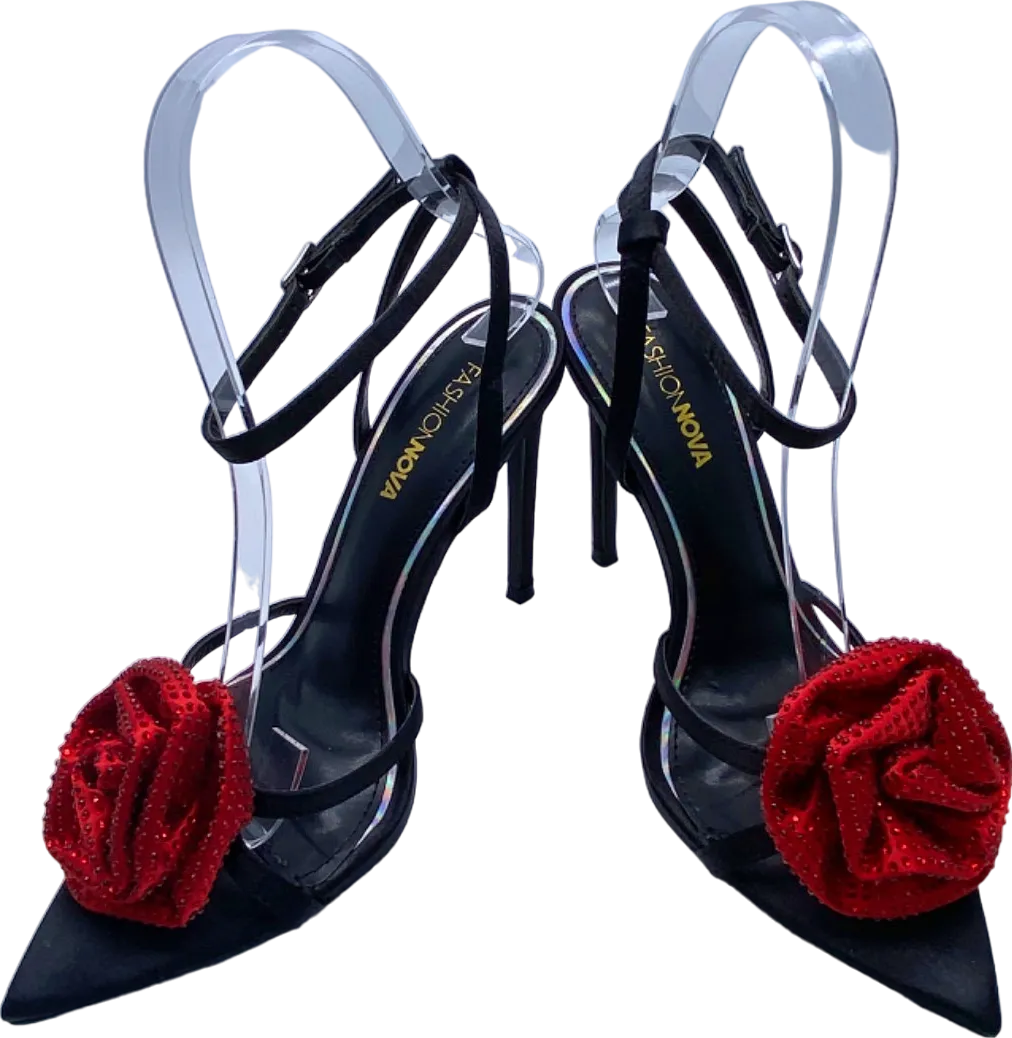 Fashion Nova Black Red Floral Embellished Heels UK 6