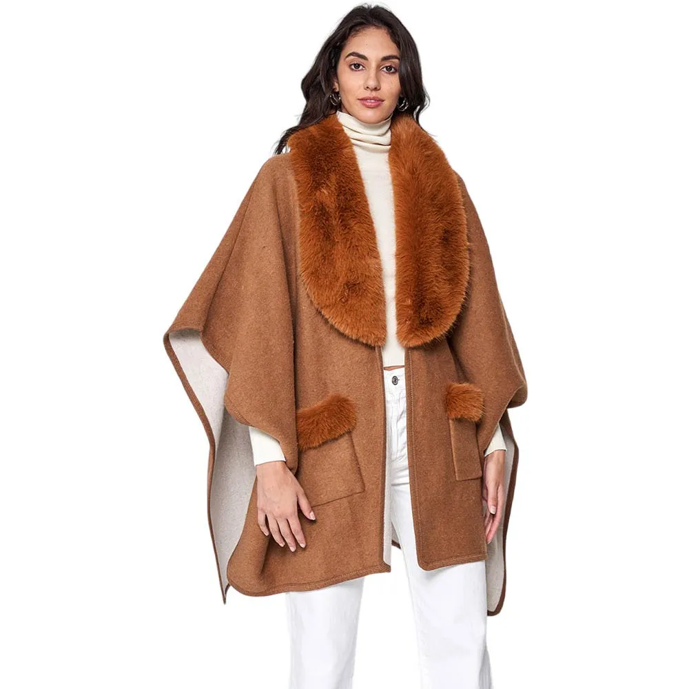 Faux Fur Trimmed Front Pockets Ruana Poncho