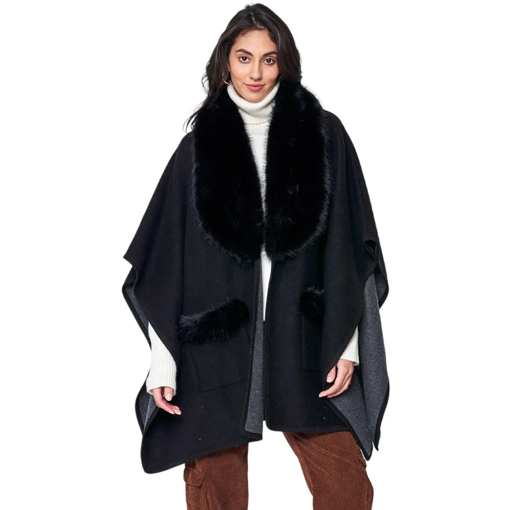 Faux Fur Trimmed Front Pockets Ruana Poncho