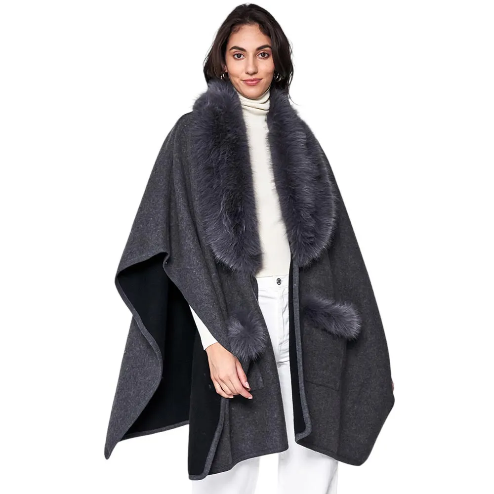 Faux Fur Trimmed Front Pockets Ruana Poncho