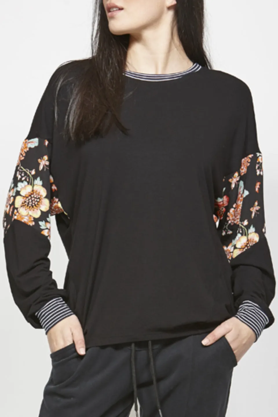 Flower Kahuna Black Floral Sleeve LS Tee