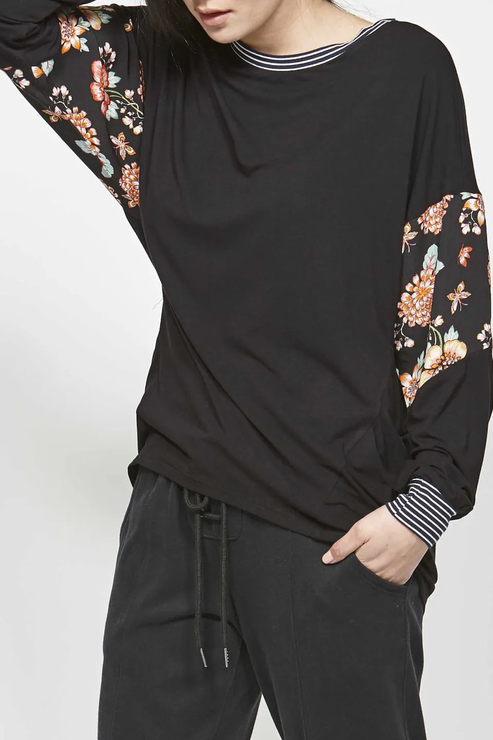 Flower Kahuna Black Floral Sleeve LS Tee