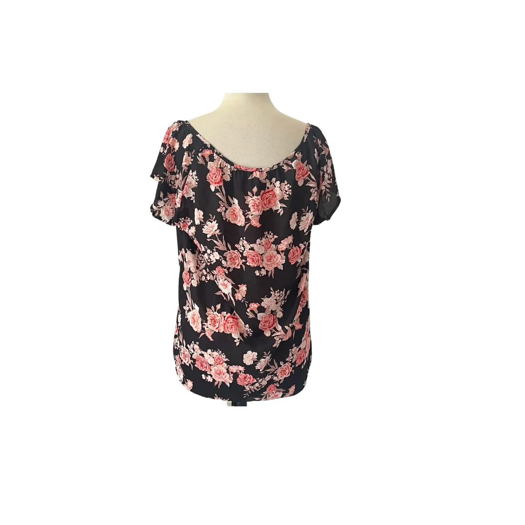 Forever 21 Black & Pink Floral Short-sleeves Blouse | Gently Used |