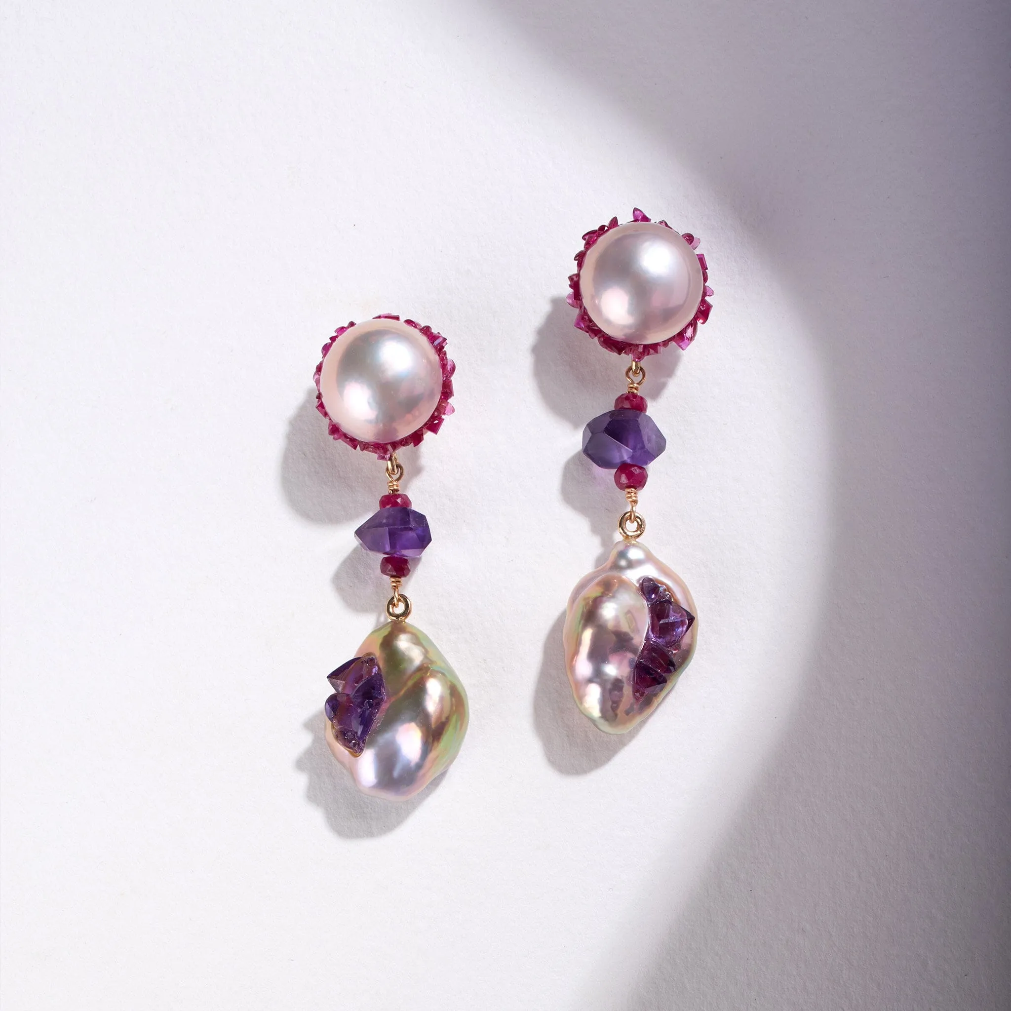 Freshwater Edison and Souffle Pearl Spiral Statement Earrings with Ruby and Amethyst