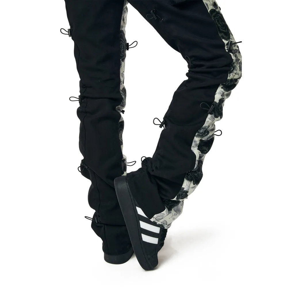 High Rise Flower Stacked Twill Pants - Black