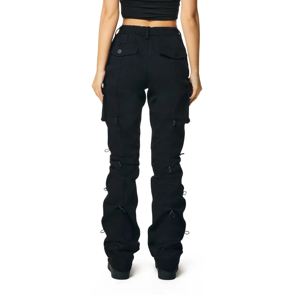 High Rise Flower Stacked Twill Pants - Black