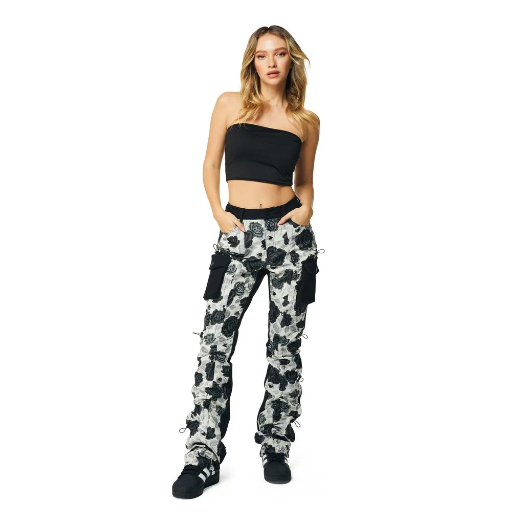 High Rise Flower Stacked Twill Pants - Black