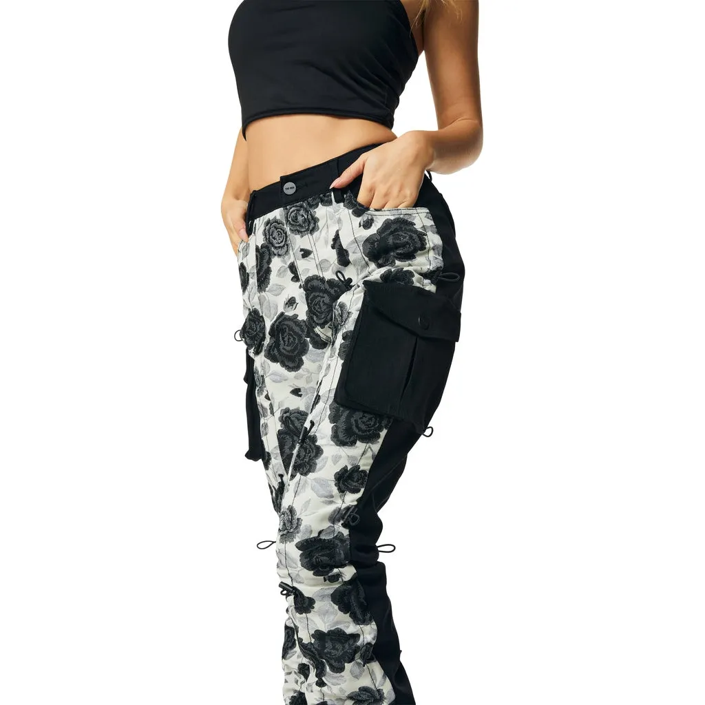 High Rise Flower Stacked Twill Pants - Black