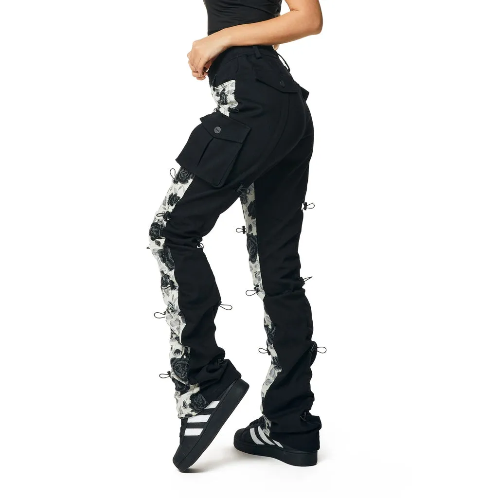 High Rise Flower Stacked Twill Pants - Black