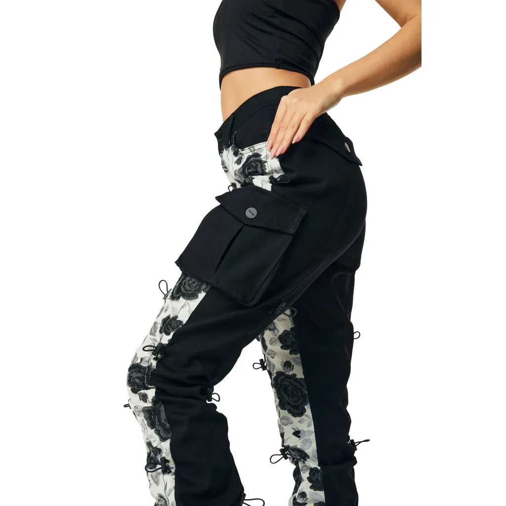 High Rise Flower Stacked Twill Pants - Black