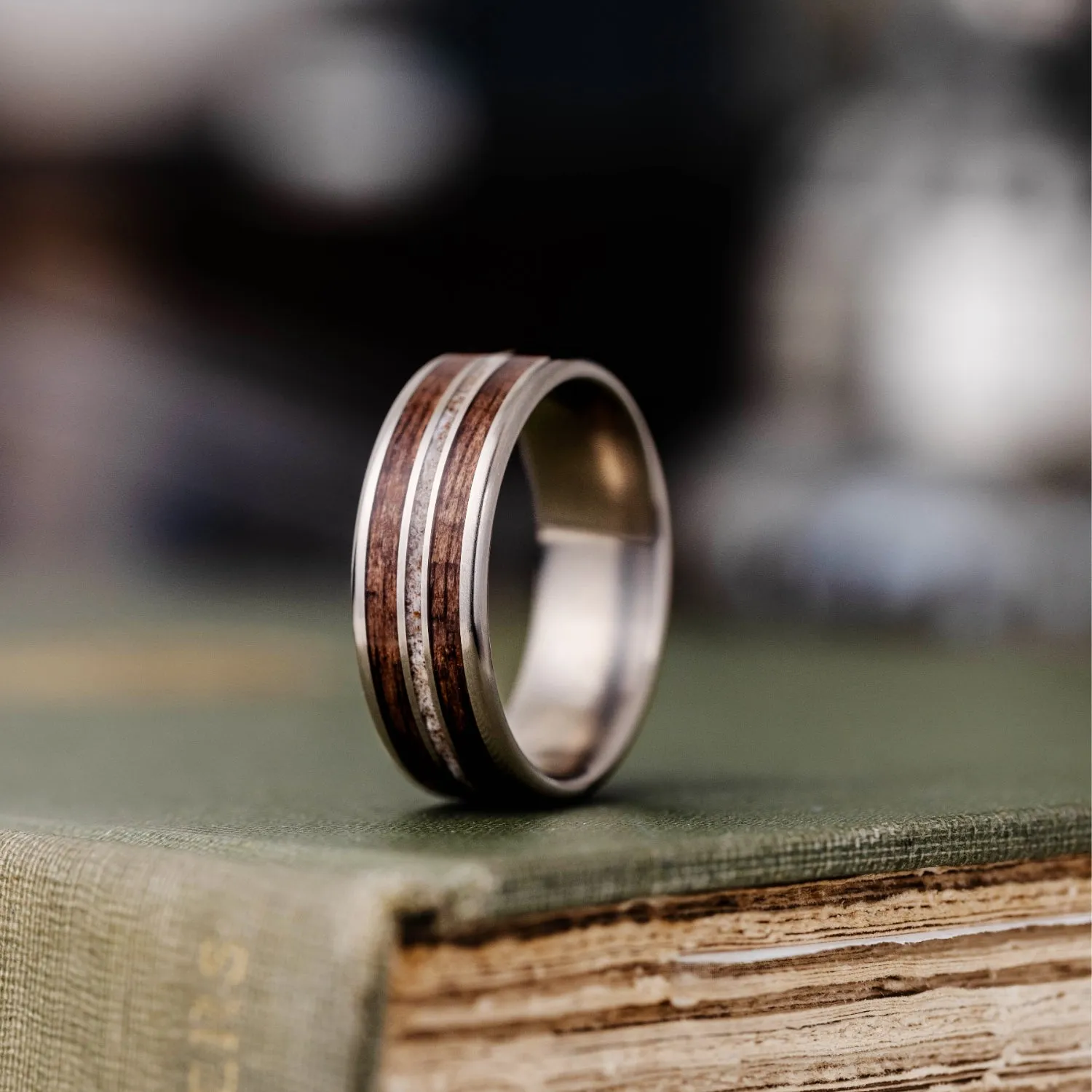 (In-Stock) The Stag | Men's Titanium Wedding Band with Walnut Wood & Elk Antler - Size 10.75 | 8mm Wide