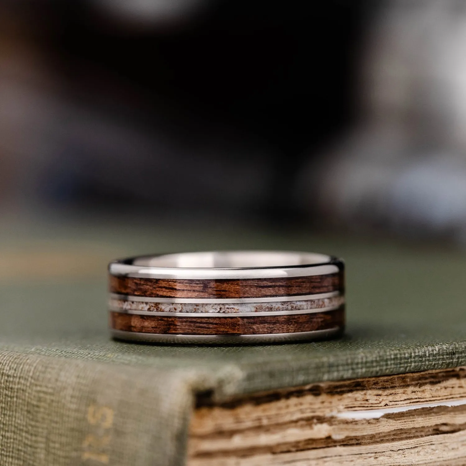 (In-Stock) The Stag | Men's Titanium Wedding Band with Walnut Wood & Elk Antler - Size 10.75 | 8mm Wide