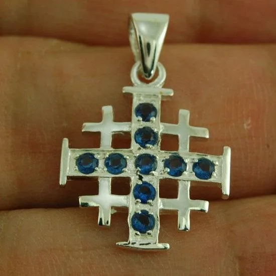 Jerusalem Cross Silver Pendant with Blue Gemstones   925 Silver Necklace