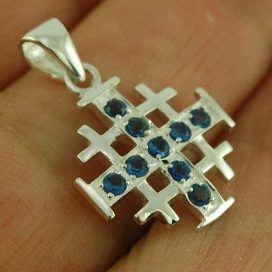 Jerusalem Cross Silver Pendant with Blue Gemstones   925 Silver Necklace