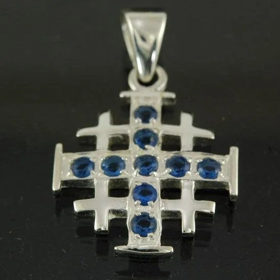 Jerusalem Cross Silver Pendant with Blue Gemstones   925 Silver Necklace