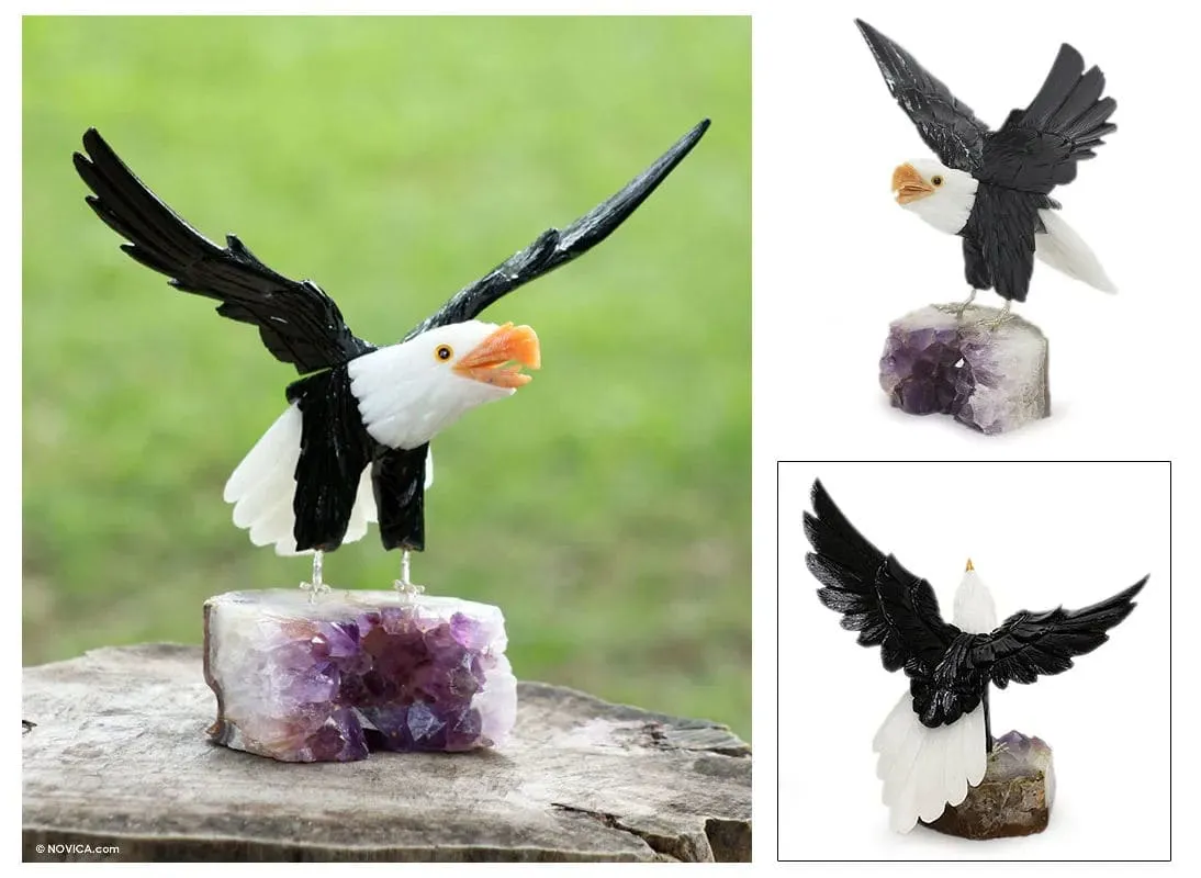 Novica Brave American Eagle Calcite And Amethyst Sculpture