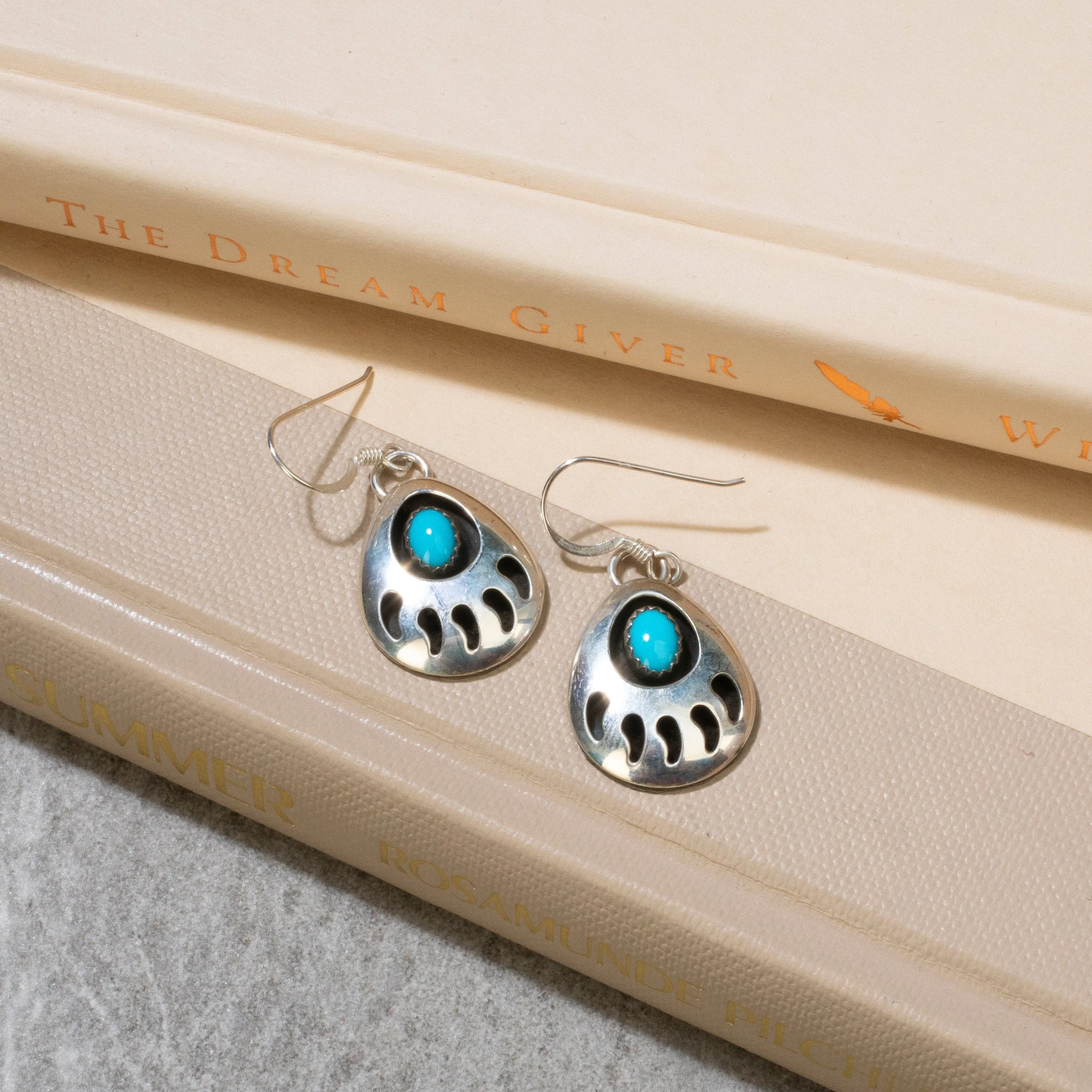 Sleeping Beauty Turquoise Bear Paw Navajo USA Native American Made 925 Sterling Silver Earrings with French Hook