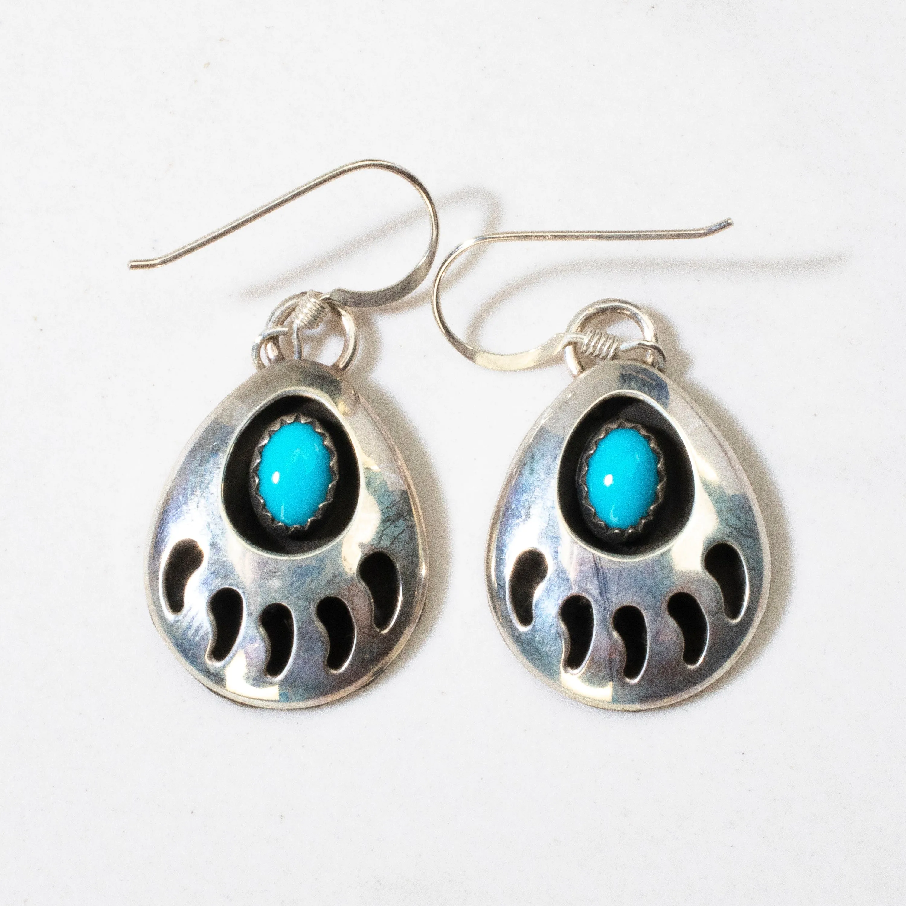 Sleeping Beauty Turquoise Bear Paw Navajo USA Native American Made 925 Sterling Silver Earrings with French Hook