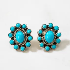 Sleeping Beauty Turquoise Flower Navajo USA Native American Made 925 Sterling Silver Earrings with Stud Backing