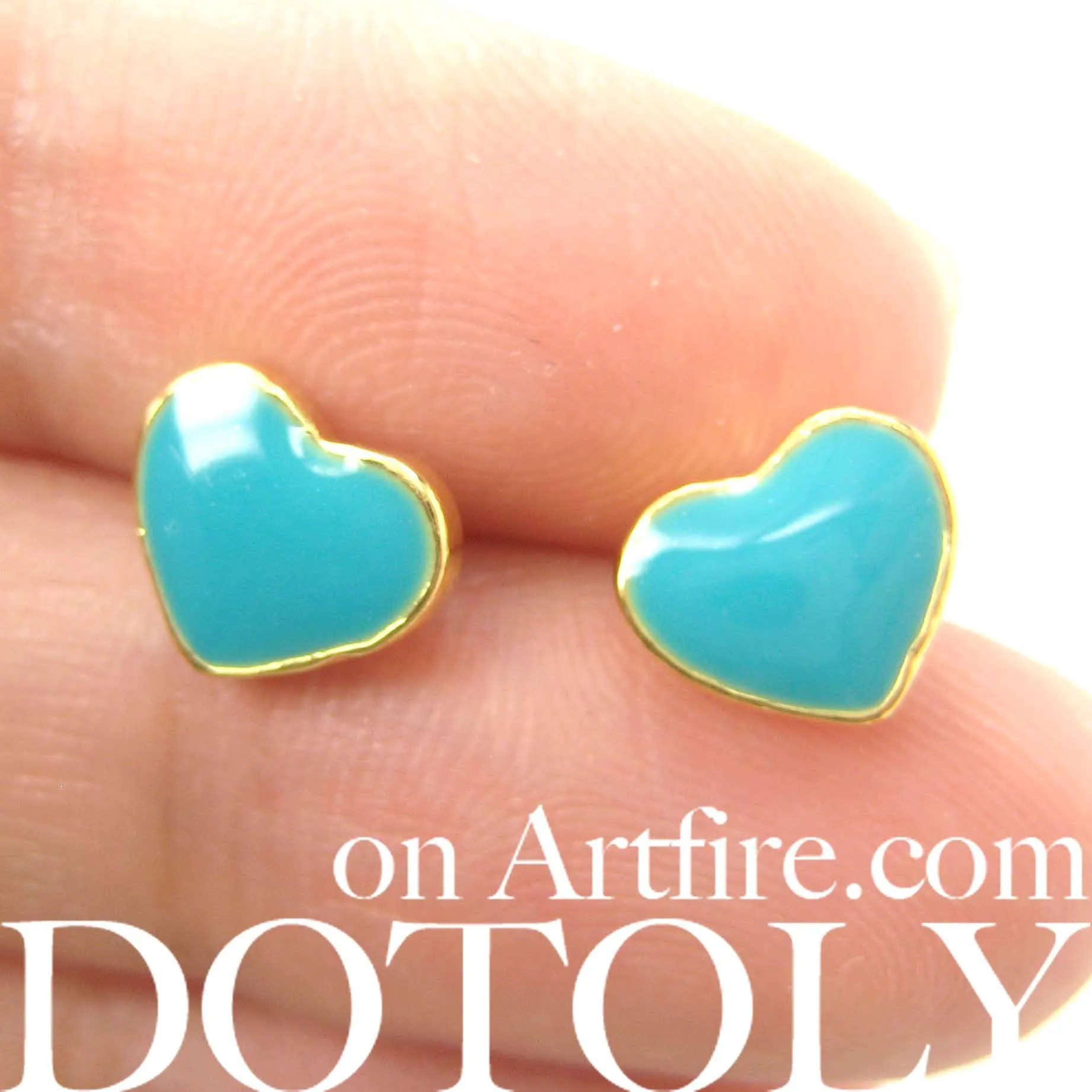 Small Heart Shaped Stud Earrings in Turquoise Blue and Gold