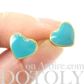 Small Heart Shaped Stud Earrings in Turquoise Blue and Gold