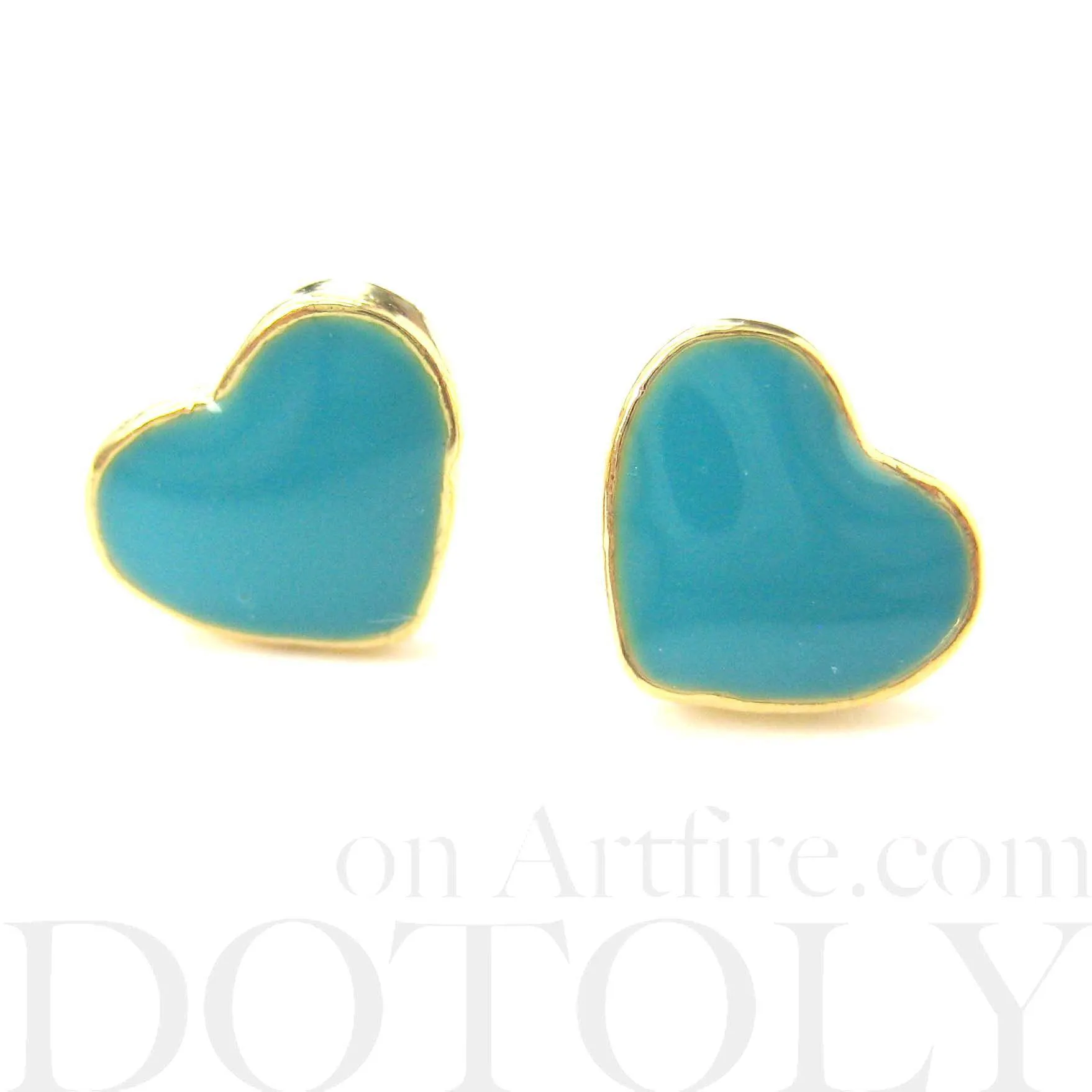 Small Heart Shaped Stud Earrings in Turquoise Blue and Gold