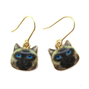 Small Siamese Kitty Cat Face Shaped Dangle Earrings | Animal Jewelry