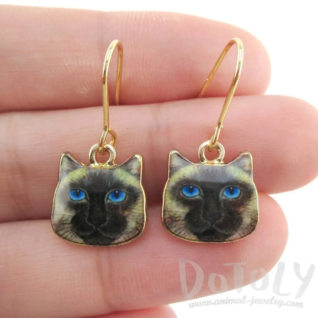 Small Siamese Kitty Cat Face Shaped Dangle Earrings | Animal Jewelry