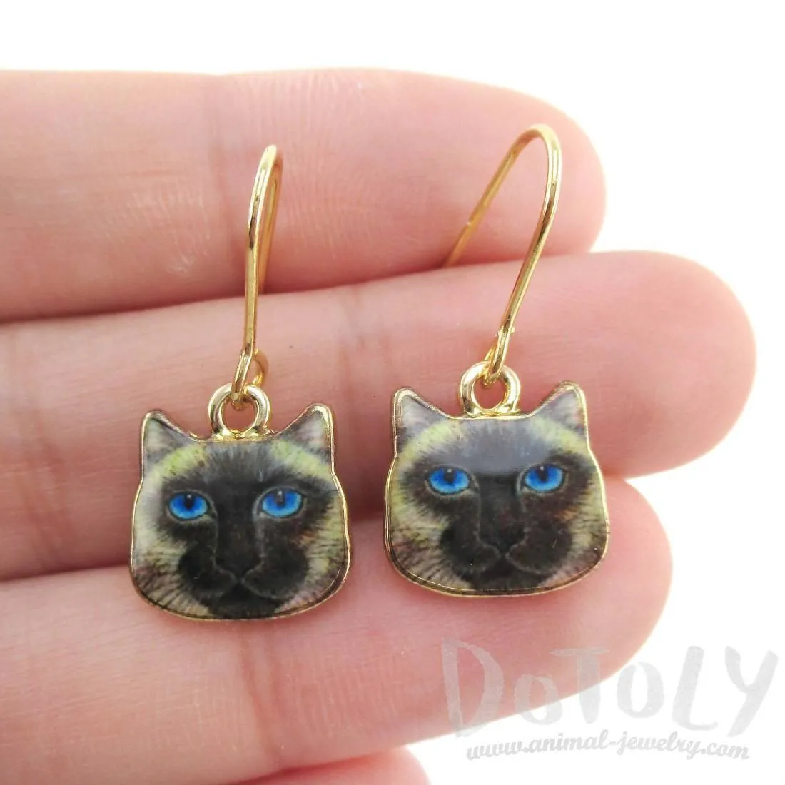 Small Siamese Kitty Cat Face Shaped Dangle Earrings | Animal Jewelry