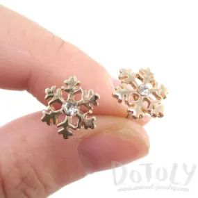 Small Snowflake Shaped Stud Earrings in Gold with Rhinestones | DOTOLY