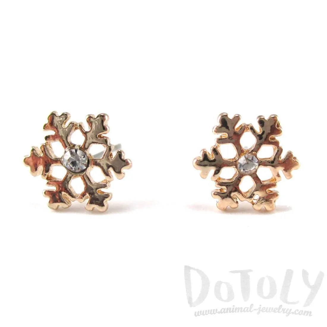 Small Snowflake Shaped Stud Earrings in Gold with Rhinestones | DOTOLY