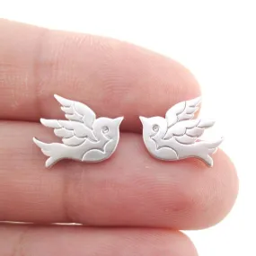 Sparrow Bird Tattoo Shaped Stud Earrings in Silver | Allergy Free